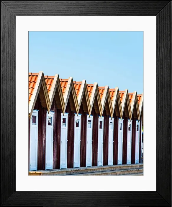 Framed Print : Scandinavian architecture with row of red summerhouses in Fotö hamn Framed Print : Scandinavian architecture with row of red summerhouses in Fotö hamn