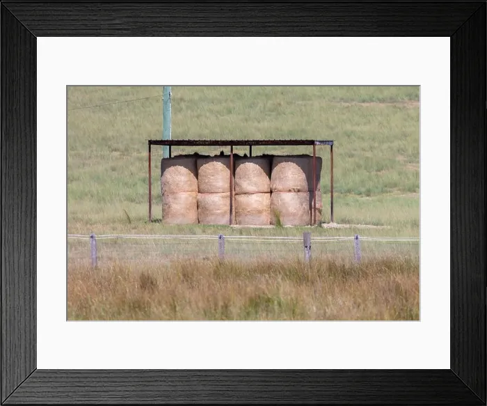 Framed Print : Photograph of a peaceful rural scene featuring bales of hay neatly stacked under a shelter in a grassy field Framed Print : Photograph of a peaceful rural scene featuring bales of hay neatly stacked under a shelter in a grassy field