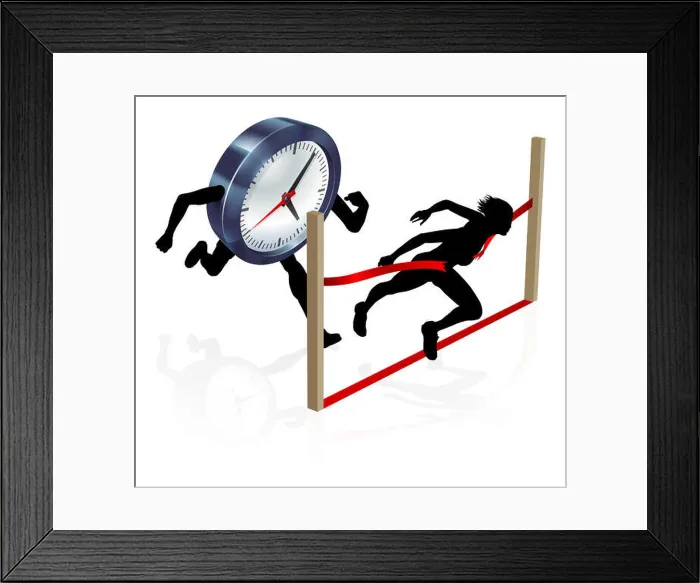 Framed Print : A woman racing against a clock character beating it to the finish line Framed Print : A woman racing against a clock character beating it to the finish line