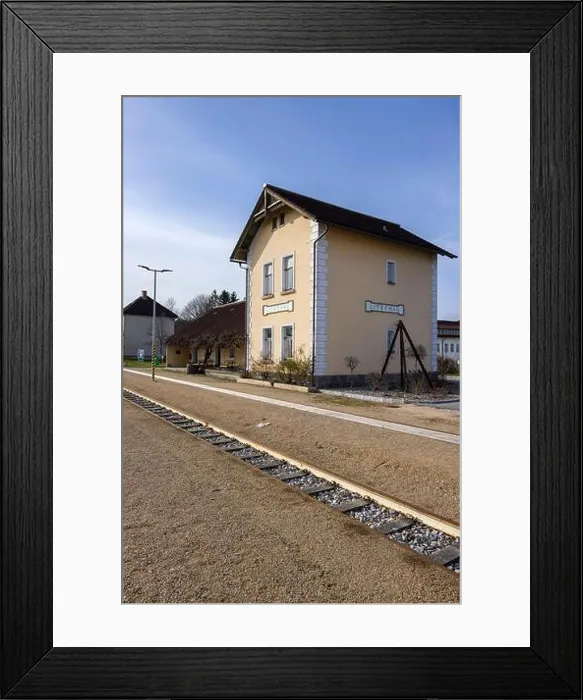 Framed Print : View of the Litschau train station building with its tracks and platform in Lower Austria, Austria Framed Print : View of the Litschau train station building with its tracks and platform in Lower Austria, Austria