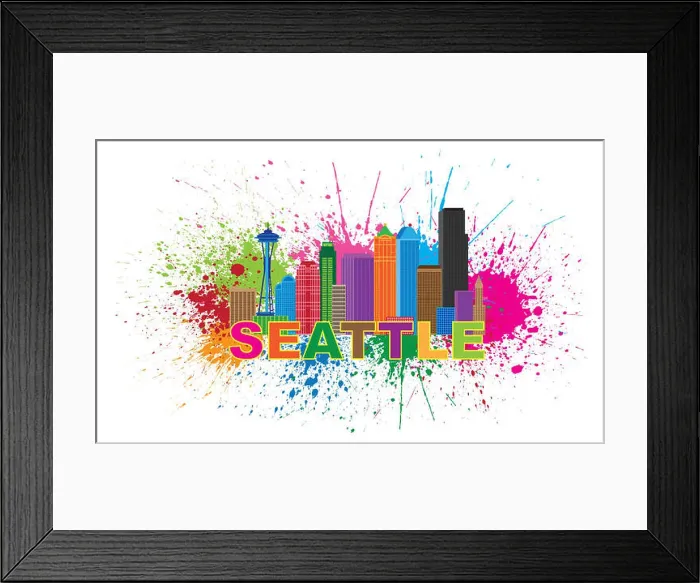 Framed Print : Seattle Washington Downtown City Skyline Color Text Paint Splatter Abstract Isolated on White Background Illustration Framed Print : Seattle Washington Downtown City Skyline Color Text Paint Splatter Abstract Isolated on White Background Illustration