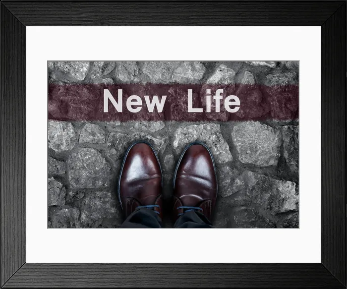 Framed Print : New Life message on asphalt and business shoes Framed Print : New Life message on asphalt and business shoes