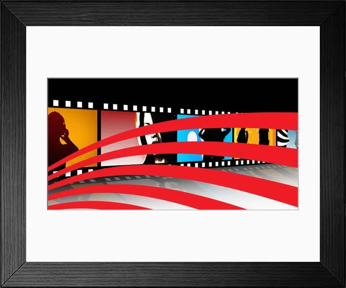 Framed Print : Red wavy stripes over abstract pictures over film reel against black background Framed Print : Red wavy stripes over abstract pictures over film reel against black background