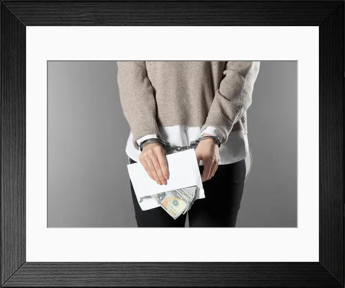 Framed Print : Woman in handcuffs holding bribe money on grey background, closeup Framed Print : Woman in handcuffs holding bribe money on grey background, closeup