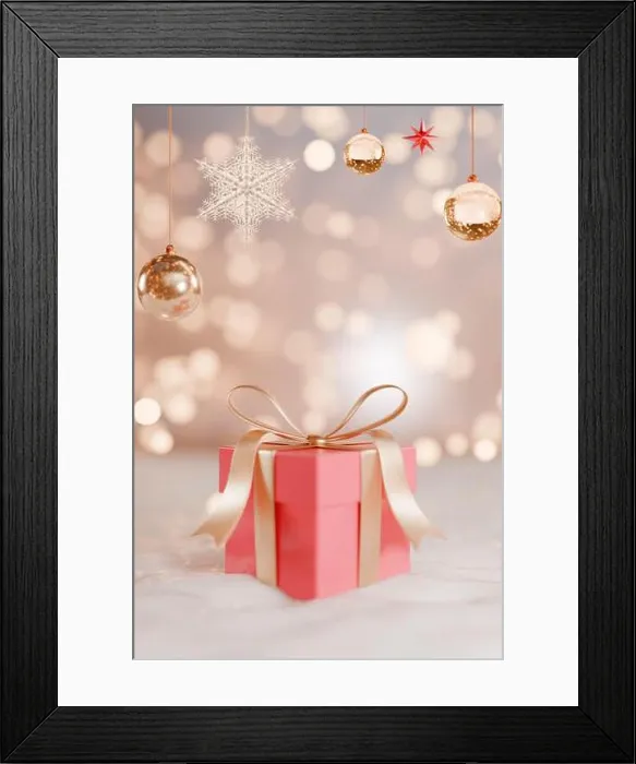 Framed Print : A pink gift box adorned with a ribbon, surrounded by festive ornaments, celebrating the holiday season. 3d rendering Framed Print : A pink gift box adorned with a ribbon, surrounded by festive ornaments, celebrating the holiday season. 3d rendering