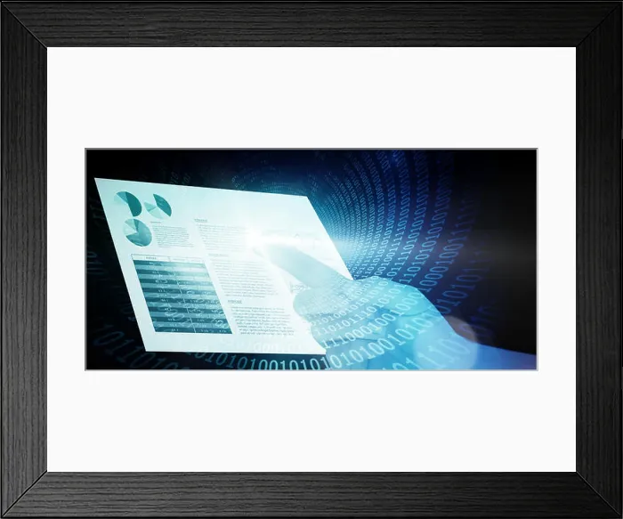 Framed Print : Cropped hand pointing on white background against spiral of shiny binary code Framed Print : Cropped hand pointing on white background against spiral of shiny binary code