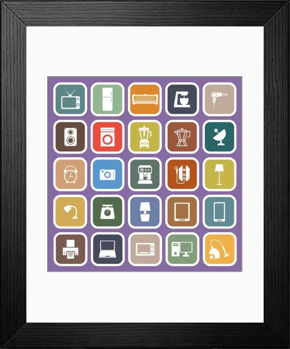 Framed Print : Household flat icons on purple background, stock vector Framed Print : Household flat icons on purple background, stock vector
