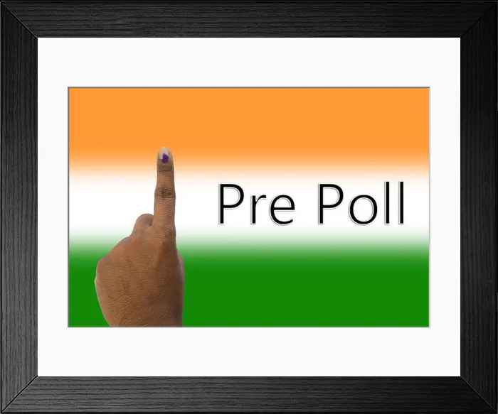 Framed Print : Pre-poll and hand showing of Indian election polling on the Indian flag Framed Print : Pre-poll and hand showing of Indian election polling on the Indian flag