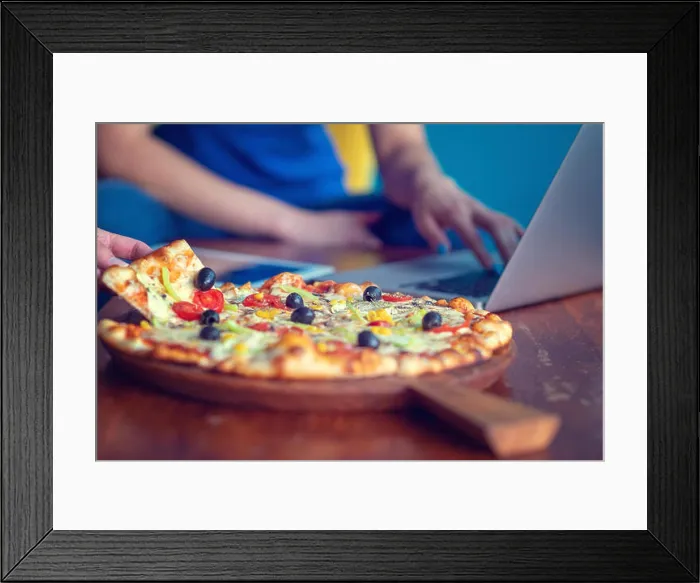 Framed Print : Mock up freelancer workplace. Tablet PC, cell phone and pizza. Top view image. Fast pizza delivery Framed Print : Mock up freelancer workplace. Tablet PC, cell phone and pizza. Top view image. Fast pizza delivery