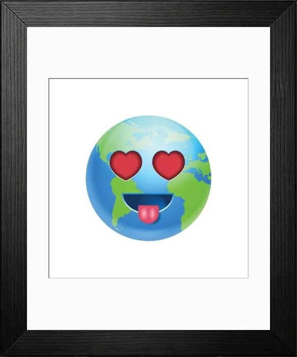 Framed Print : Cartoon Earth Face Lovely Heart Shaped Eyes Icon Funny Planet Emotion