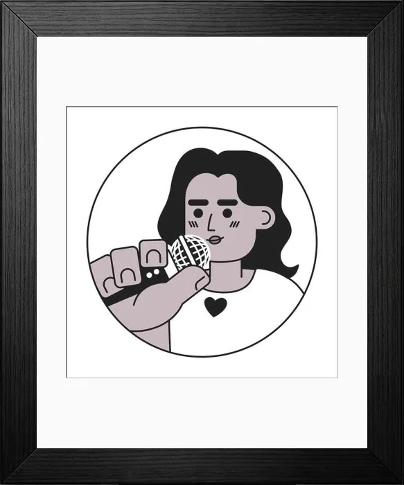 Framed Print : Wavy hair black woman singer speaker black and white 2D vector avatar illustration Framed Print : Wavy hair black woman singer speaker black and white 2D vector avatar illustration