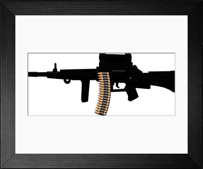 Framed Print : Silhouette of Machine Gun with Belt Ammunition on White Framed Print : Silhouette of Machine Gun with Belt Ammunition on White