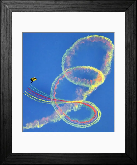 Framed Print : U.S. Navy Parachute Team fills the sky with colored smoke descent over downtown Los Angeles Framed Print : U.S. Navy Parachute Team fills the sky with colored smoke descent over downtown Los Angeles