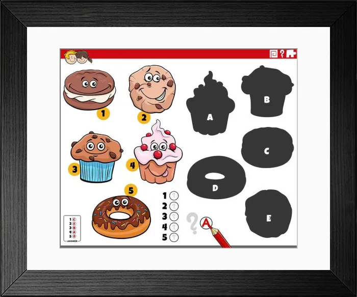 Framed Print : Cartoon illustration of finding the right shadows to the pictures educational game with sweet food characters Framed Print : Cartoon illustration of finding the right shadows to the pictures educational game with sweet food characters