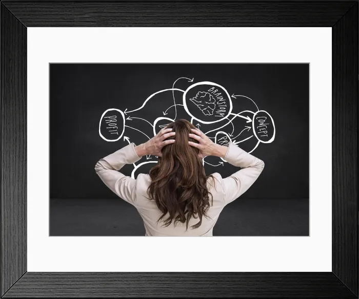 Framed Print : Composite image of young classy businesswoman with hands on head standing back to camera Framed Print : Composite image of young classy businesswoman with hands on head standing back to camera