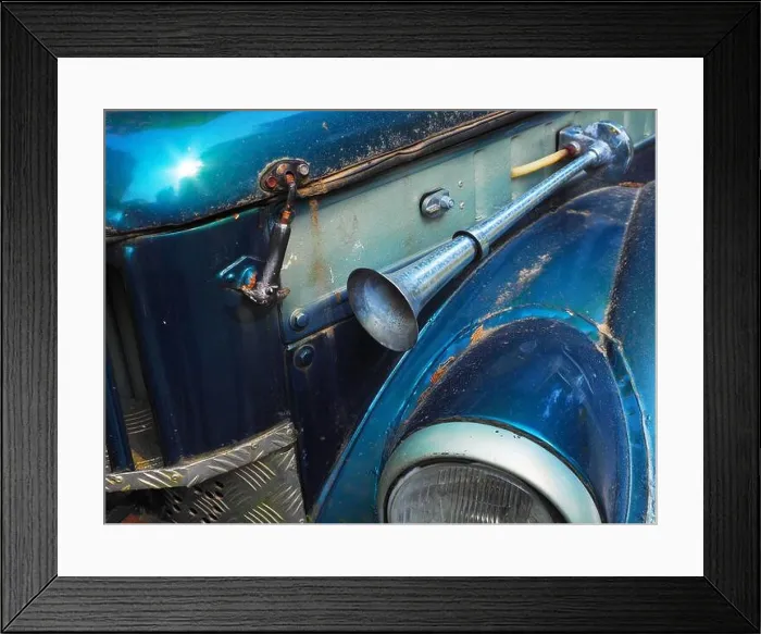 Framed Print : Fragment of shiny blue retro car with a signal horn outside and splattered with dirt. Closeup photo Framed Print : Fragment of shiny blue retro car with a signal horn outside and splattered with dirt. Closeup photo
