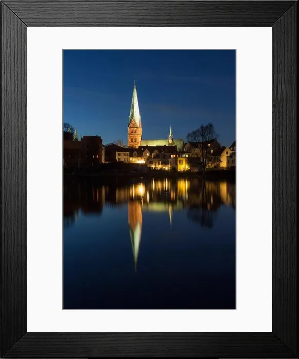 Framed Print : Church of St. Aegidien mirrored in the lake Kraehenteich in Luebeck at night. Schleswig-Holstein, Germany Framed Print : Church of St. Aegidien mirrored in the lake Kraehenteich in Luebeck at night. Schleswig-Holstein, Germany
