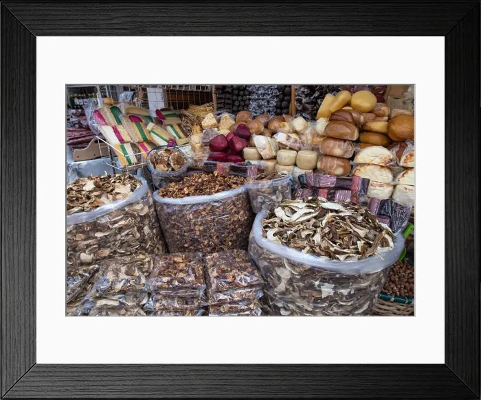 Framed Print : Large bags of dried mushrooms and homemade cheeses displayed on traditional Ukrainian farm market Framed Print : Large bags of dried mushrooms and homemade cheeses displayed on traditional Ukrainian farm market