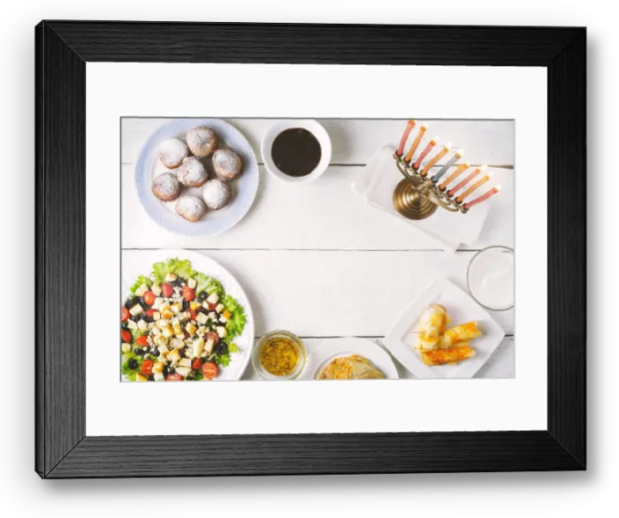 Framed Print : Traditional Hanukkah dishes on the white wooden table top view Framed Print : Traditional Hanukkah dishes on the white wooden table top view