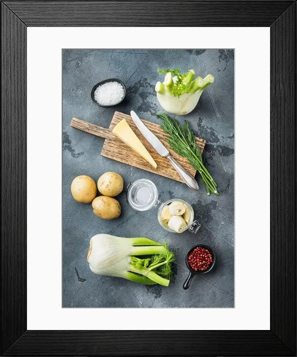 Framed Print : Fennel and artichoke with parmesan raw ingredient, on grey background, flat lay Framed Print : Fennel and artichoke with parmesan raw ingredient, on grey background, flat lay