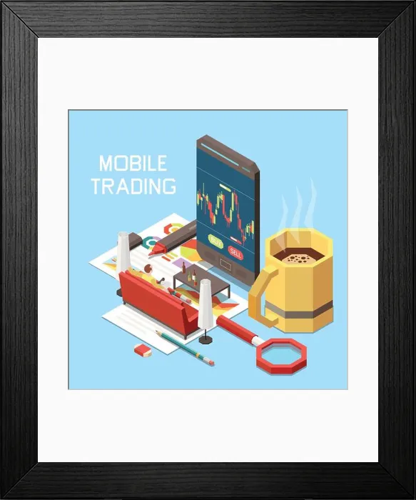 Framed Print : Online trading isometric concept with man sitting on sofa at home and smartphone 3d vector illustration Framed Print : Online trading isometric concept with man sitting on sofa at home and smartphone 3d vector illustration