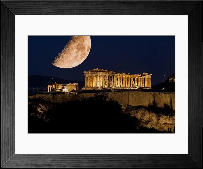 Framed Print : Parthenon of Athens under a huge magnificent moon, at dusk time, Greece