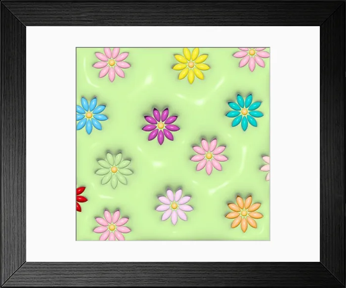 Framed Print : Abstract green background with colorful flowers, 3D rendering illustration Framed Print : Abstract green background with colorful flowers, 3D rendering illustration