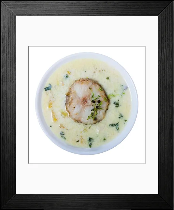 Framed Print : Boiled creamy soup with white fish pollock and greens at plate Framed Print : Boiled creamy soup with white fish pollock and greens at plate