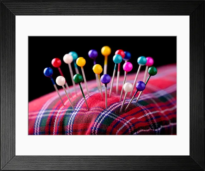 Framed Print : macro colored sewing pins in scottish pincushion