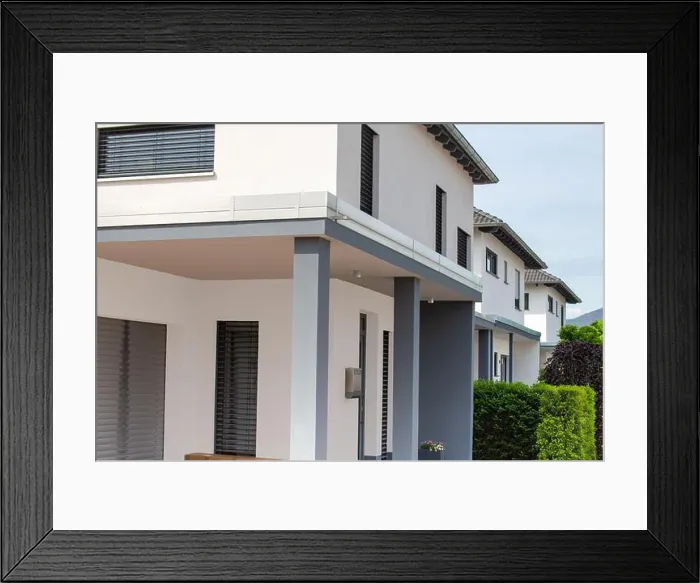 Framed Print : Symbolic image real estate: Detail of modern white detached houses in a new building area Framed Print : Symbolic image real estate: Detail of modern white detached houses in a new building area