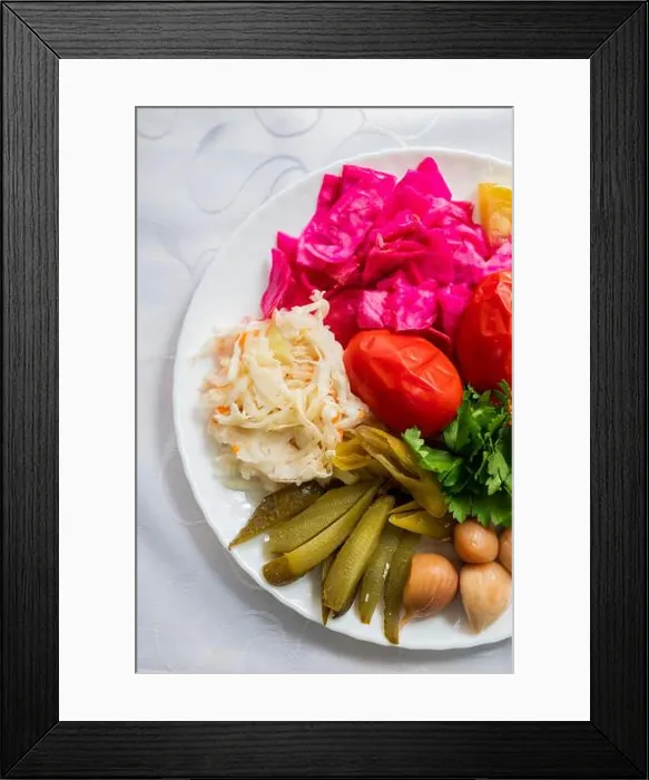 Framed Print : assorted pickled vegetables with cabbage and tomatoes with cucumbers on a plate Framed Print : assorted pickled vegetables with cabbage and tomatoes with cucumbers on a plate