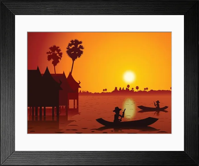 Framed Print : sunset landscape and rural water village with a rowing boat back to home around with nature Framed Print : sunset landscape and rural water village with a rowing boat back to home around with nature