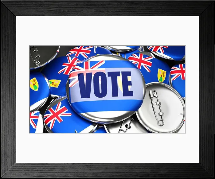 Framed Print : Turks and Caicos Islands and Vote - dozens of pinback buttons with a flag of Turks and Caicos Islands and a word Vote Framed Print : Turks and Caicos Islands and Vote - dozens of pinback buttons with a flag of Turks and Caicos Islands and a word Vote