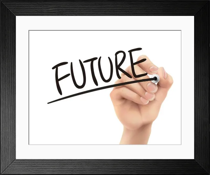 Framed Print : Future written by hand, 3D illustration realistic hand writing on transparent board Framed Print : Future written by hand, 3D illustration realistic hand writing on transparent board