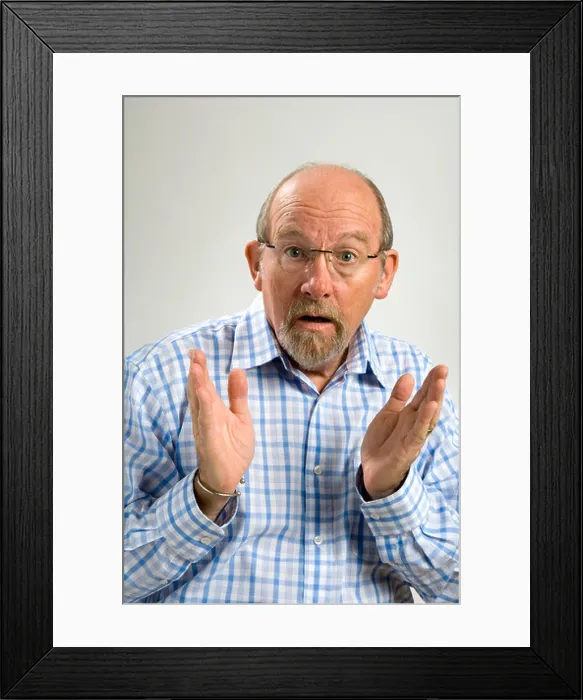 Framed Print : 60 year old white man with a goatee beard and a facial expression depicting mystification Framed Print : 60 year old white man with a goatee beard and a facial expression depicting mystification
