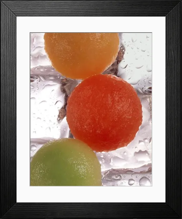 Framed Print : 3 scoops of different varieties of melon on ice Framed Print : 3 scoops of different varieties of melon on ice