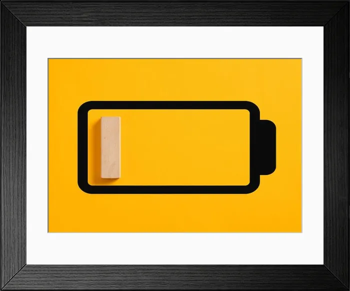 Framed Print : Single wooden block representing the charging status on a battery icon with low battery level Framed Print : Single wooden block representing the charging status on a battery icon with low battery level