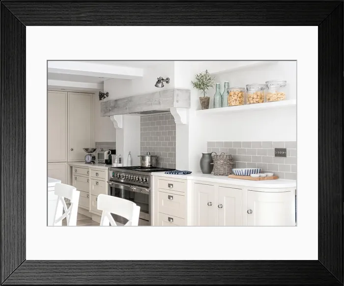 Framed Print : Whitewashed beam above range cooker in spacious kitchen Framed Print : Whitewashed beam above range cooker in spacious kitchen