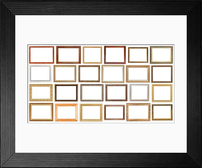 Framed Print : set of vintage wide wooden picture frames with cut out canvas isolated on white background