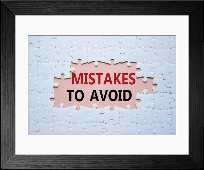Framed Print : Mistakes symbol. Concept words Mistakes to Avoid on white puzzle Framed Print : Mistakes symbol. Concept words Mistakes to Avoid on white puzzle