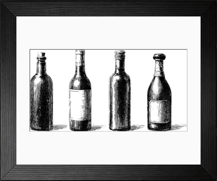 Framed Print : Four vintage glass bottles in black and white ink drawing Framed Print : Four vintage glass bottles in black and white ink drawing