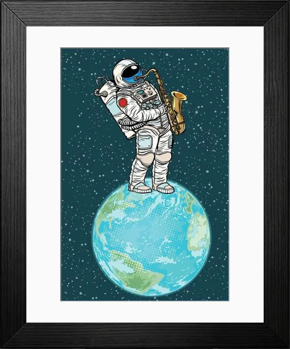 Framed Print : Astronaut plays saxophone on planet earth Framed Print : Astronaut plays saxophone on planet earth