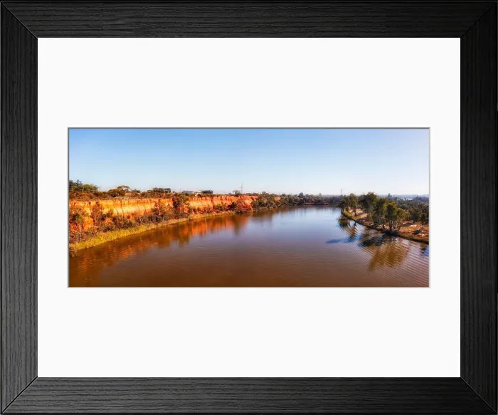 Framed Print : Scenic red cliffs of clay on shores of Murray river at Mildura town on Victoria - NSW border of Australia - aerial Framed Print : Scenic red cliffs of clay on shores of Murray river at Mildura town on Victoria - NSW border of Australia - aerial