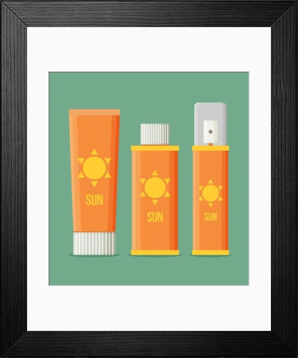 Framed Print : Sunscreen Care Sun Protection Cosmetics vector illustration. cream icon set in flat-style isolation Framed Print : Sunscreen Care Sun Protection Cosmetics vector illustration. cream icon set in flat-style isolation