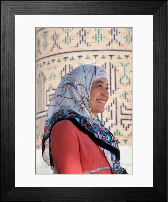 Framed Print : Uzbeki woman in distinctive Uzbeki attire outside Bibi Khanym Mosque, Samarkand, Uzbekistan Framed Print : Uzbeki woman in distinctive Uzbeki attire outside Bibi Khanym Mosque, Samarkand, Uzbekistan