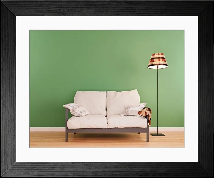 Framed Print : Olive green mock-up wall with small white sofa and floor lamp in modern interior background Framed Print : Olive green mock-up wall with small white sofa and floor lamp in modern interior background
