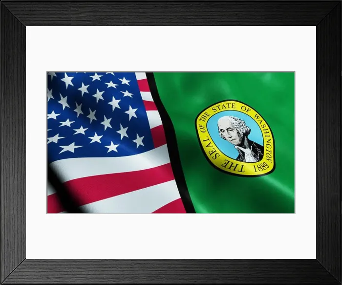 Framed Print : 3D Waving Washington and USA Merged Flag Closeup View Framed Print : 3D Waving Washington and USA Merged Flag Closeup View