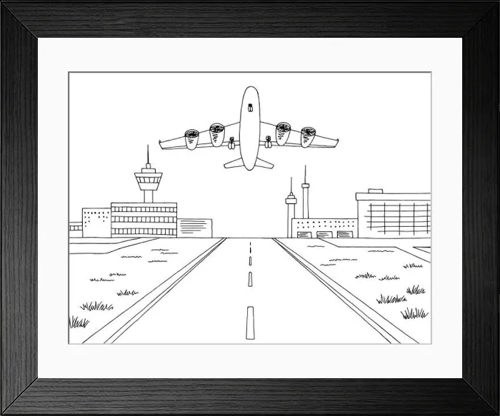 Framed Print : Airport exterior plane takes off graphic black white sketch illustration vector Framed Print : Airport exterior plane takes off graphic black white sketch illustration vector