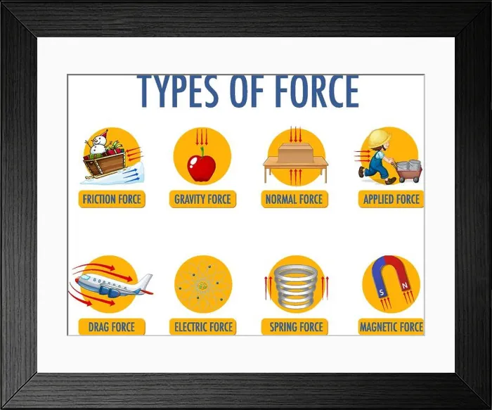 Framed Print : Types of force for children physics educational illustration Framed Print : Types of force for children physics educational illustration