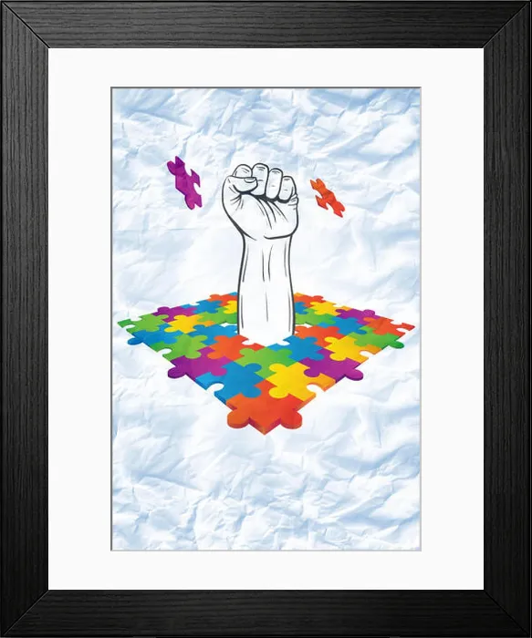 Framed Print : Composite image of hand punching through jigsaw Framed Print : Composite image of hand punching through jigsaw